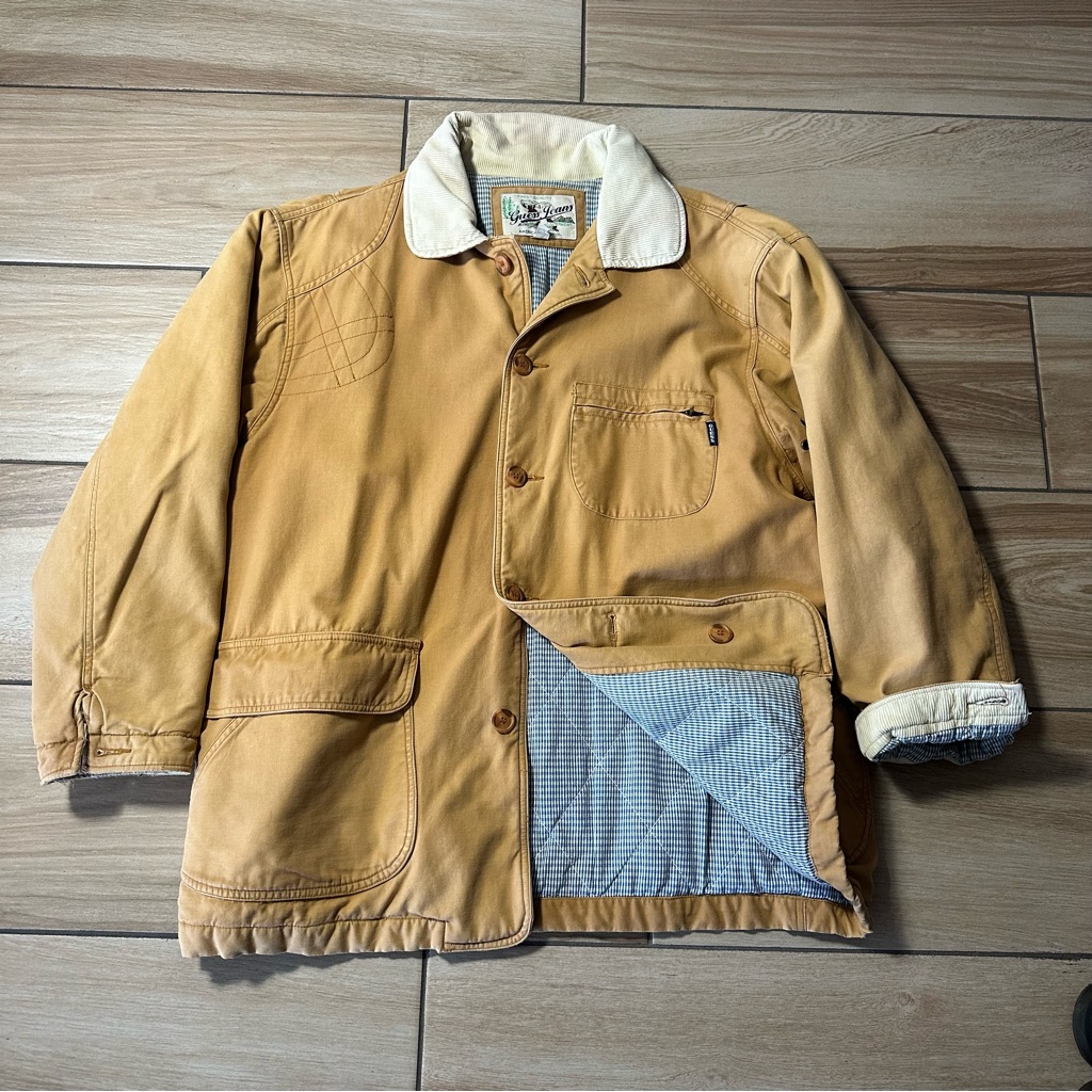 Vintage 90s Guess Jacket Mens Large Tan Parka Outdoors Pockets Chore Coat Adult